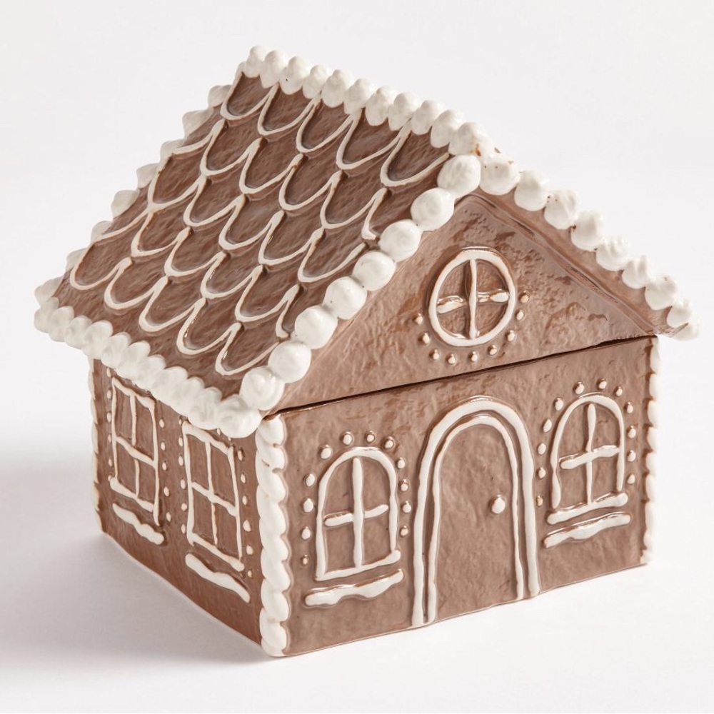 Pottery Barn Whimsical Lidded Holiday Gingerbread House Stoneware Cookie Jar BN - Picture 1 of 16